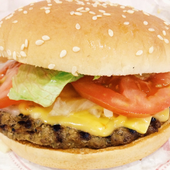 cheeseburger on a roll with tomato, lettuce and onion