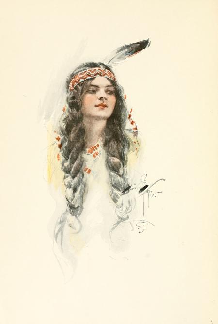 a drawing of a woman wearing a headdress and feathers