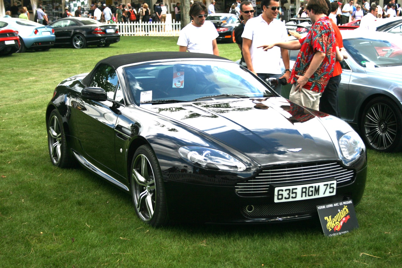 a woman standing near a black sports car on a grassy field