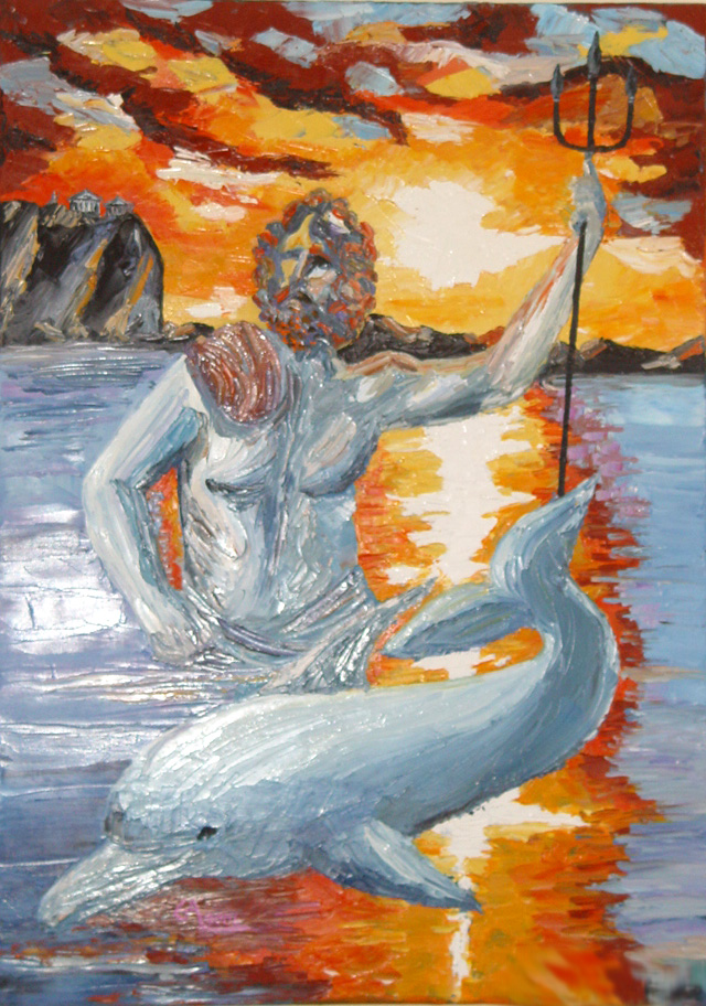 a painting of a woman holding a rod, on a sunset