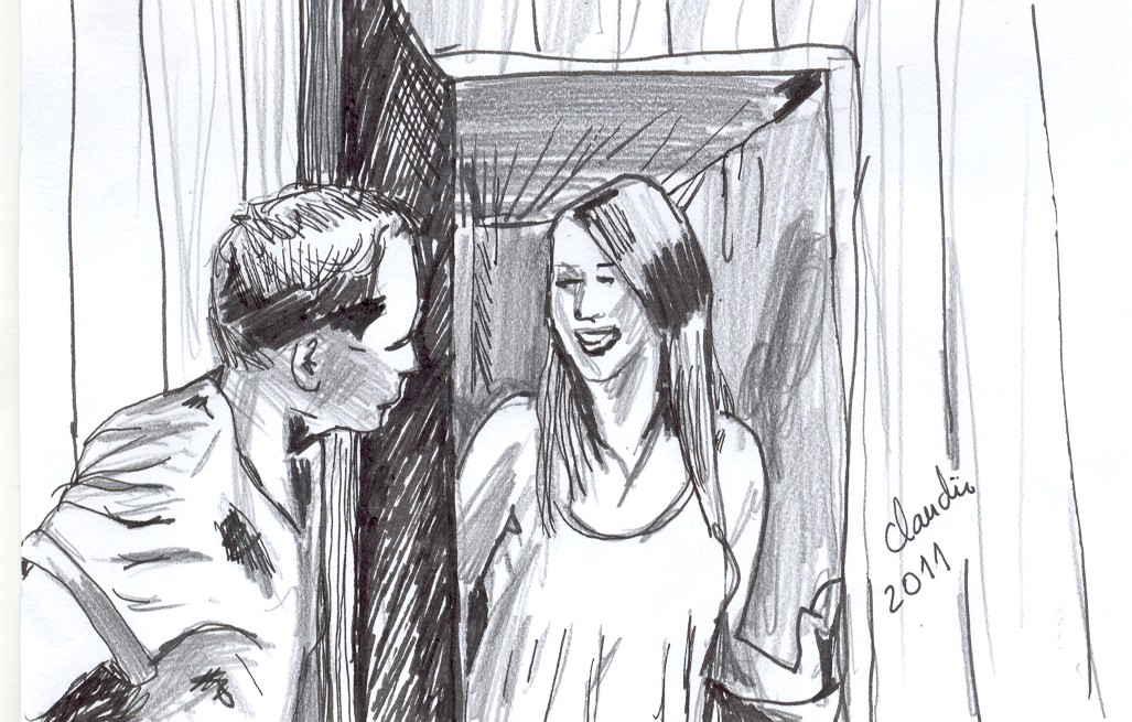 a black and white drawing of a man standing next to a woman