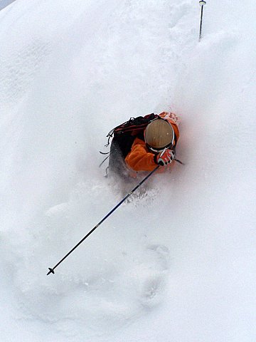 a person skis down a snowy hill