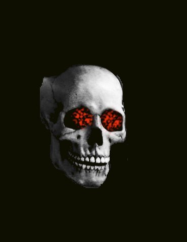 the evil skull has glowing red eyes