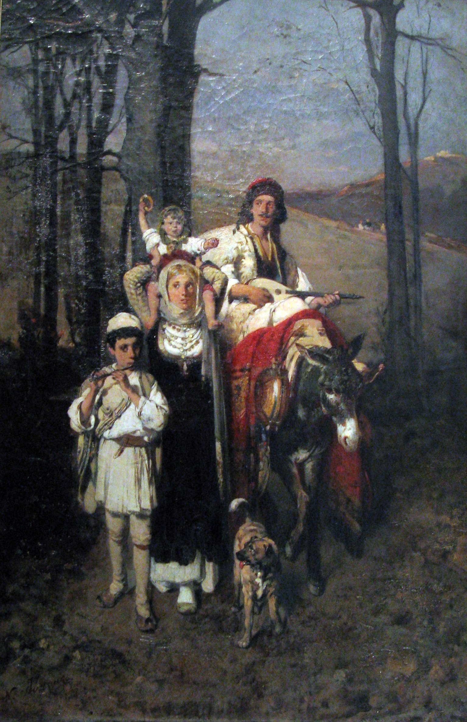 a painting of two women and two children sitting on a donkey