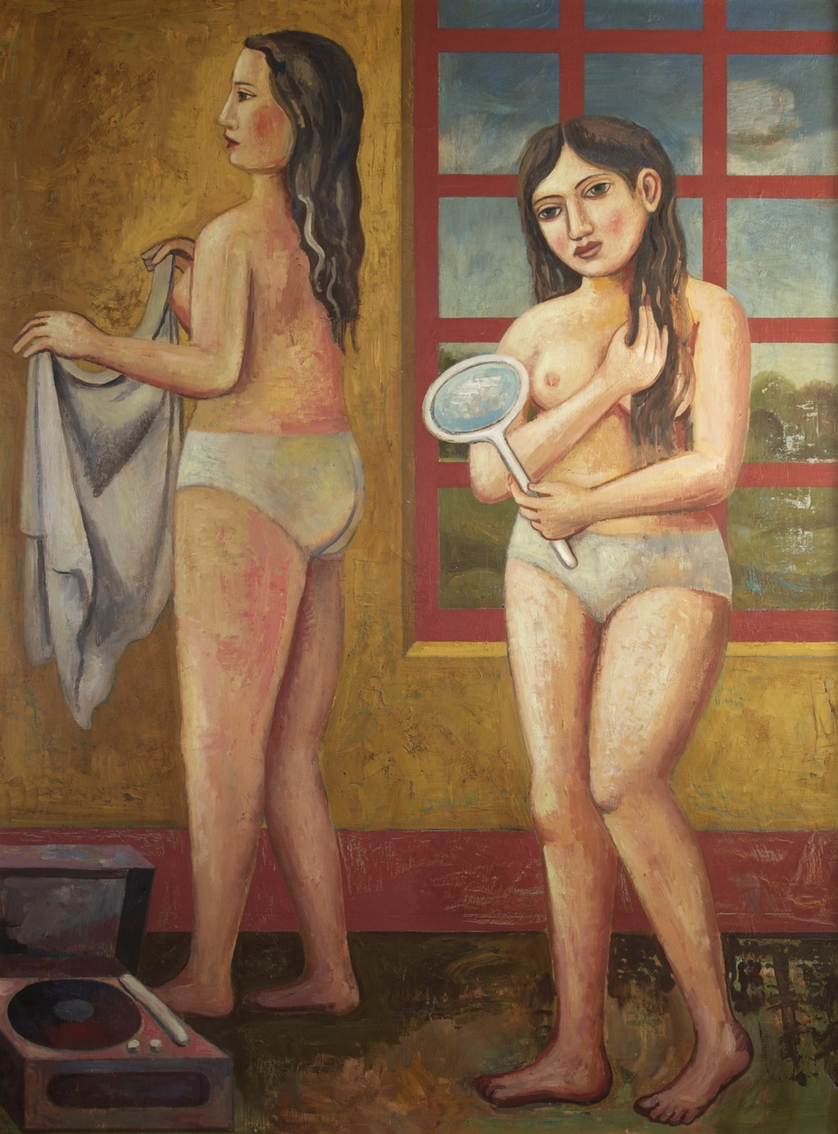 two women in underwear are looking at each other