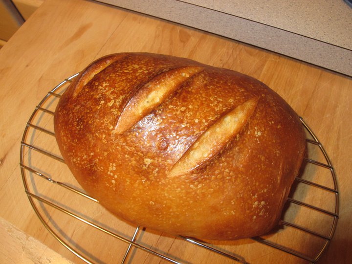 a loaf of fresh bread sitting on top of a cooling rack