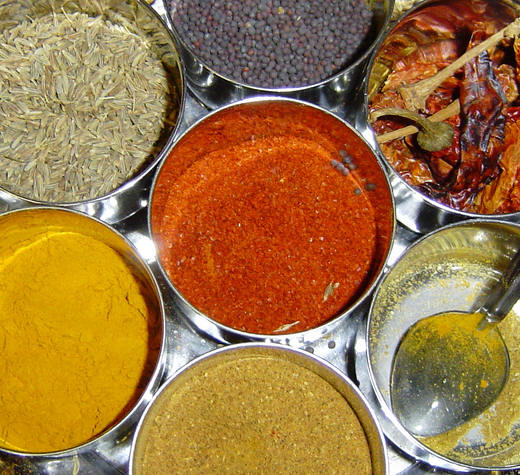 colorful spices and herbs in metal dishes with spoons