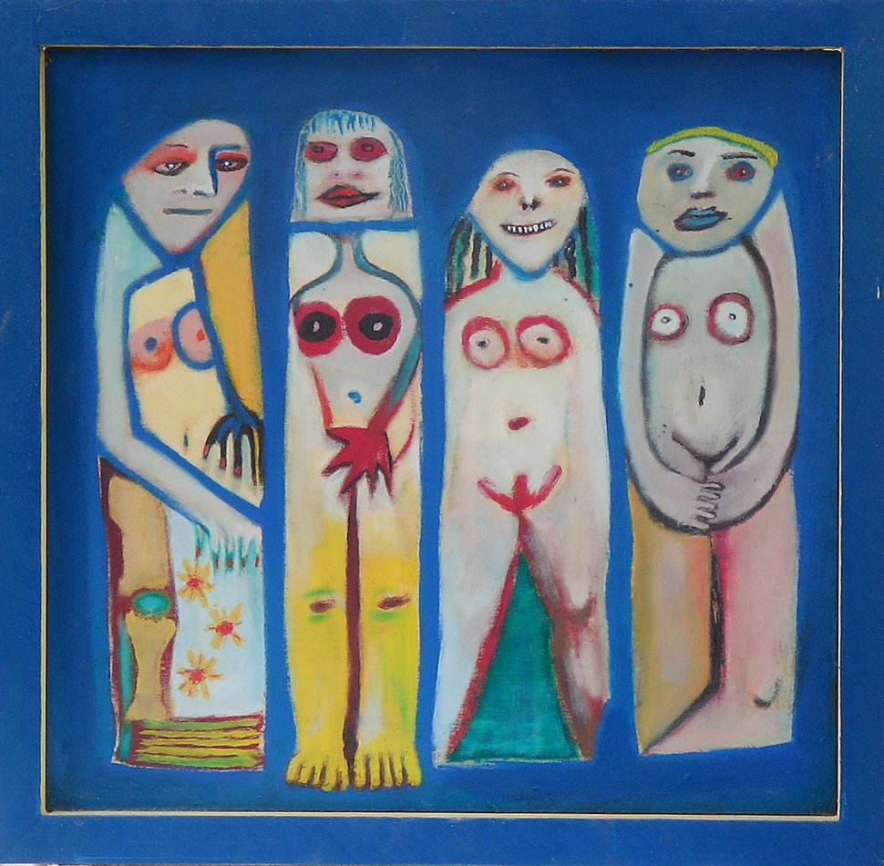 an abstract painting with three figures on it