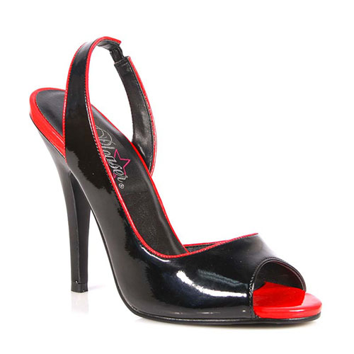 this high - heeled shoe is made of glossy black and red leather