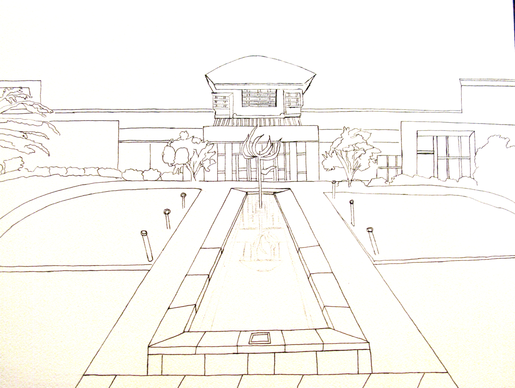 a drawing of a fountain in front of a house