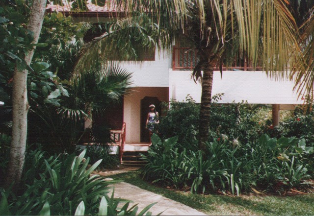 a woman is standing outside of a building with a palm tree
