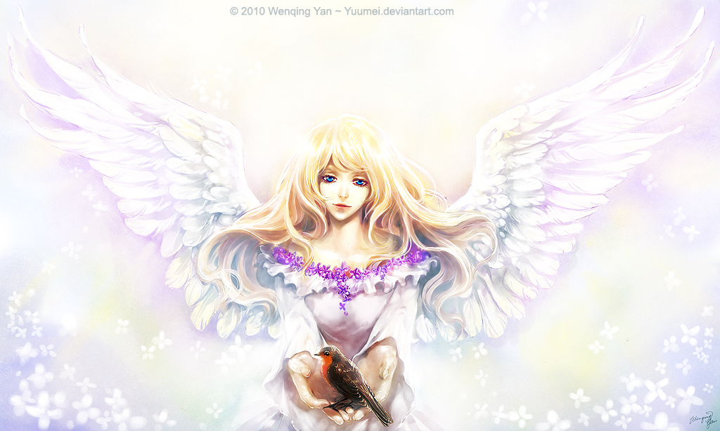 a young blonde female angel standing with large white wings