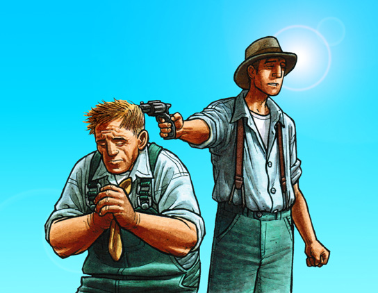 two cartoon guys who are holding guns in their hands