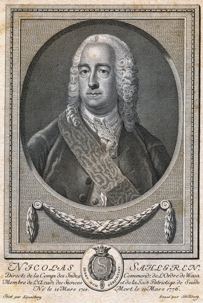 an engraved portrait of an old man with curly hair