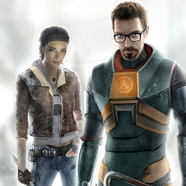 a couple in a futuristic suit with one looking at the camera