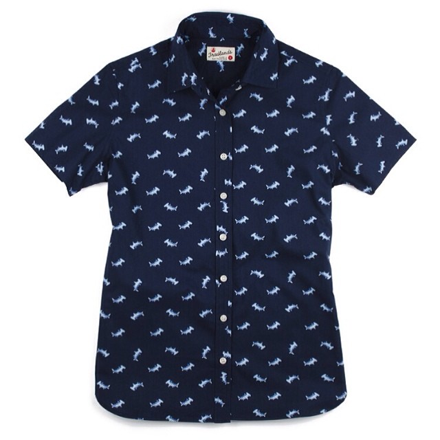 a blue on down shirt with a small dragon pattern on it
