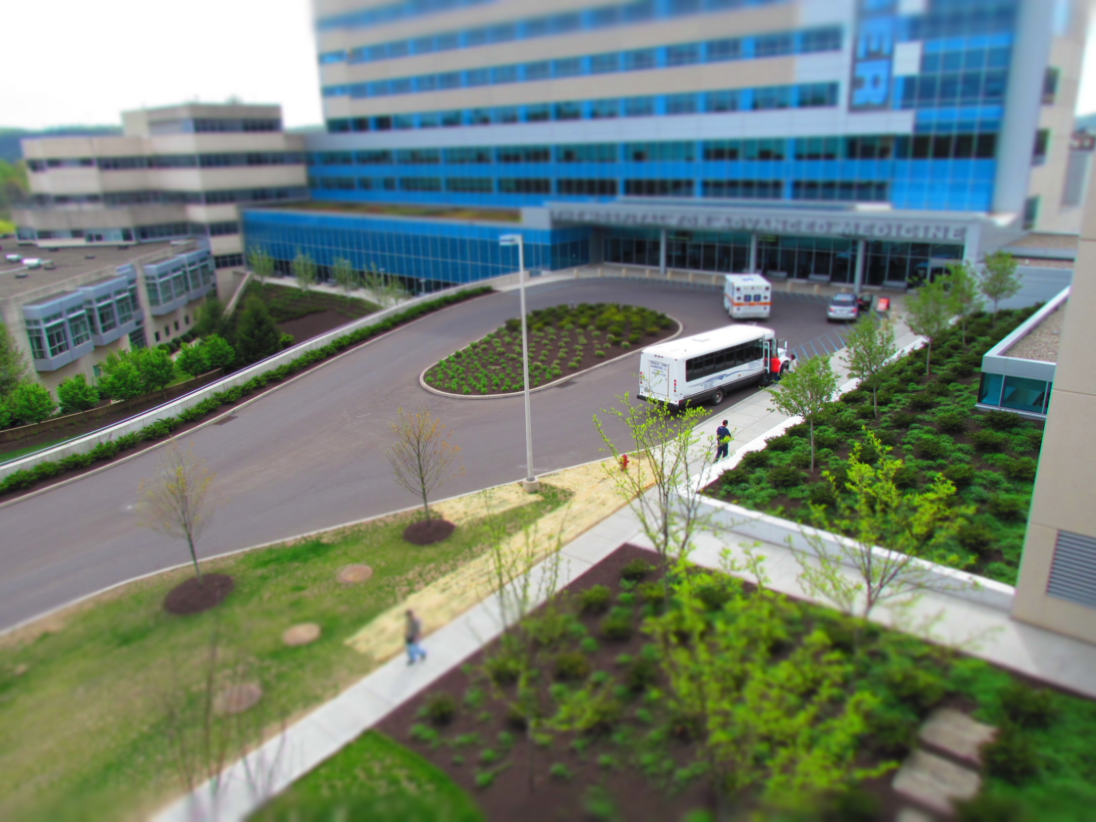 a view of a street and buildings taken from inside a window