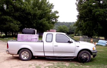 white pick up truck parked on side of road with purple items in back