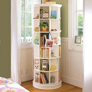 a round storage unit in a corner of a bedroom