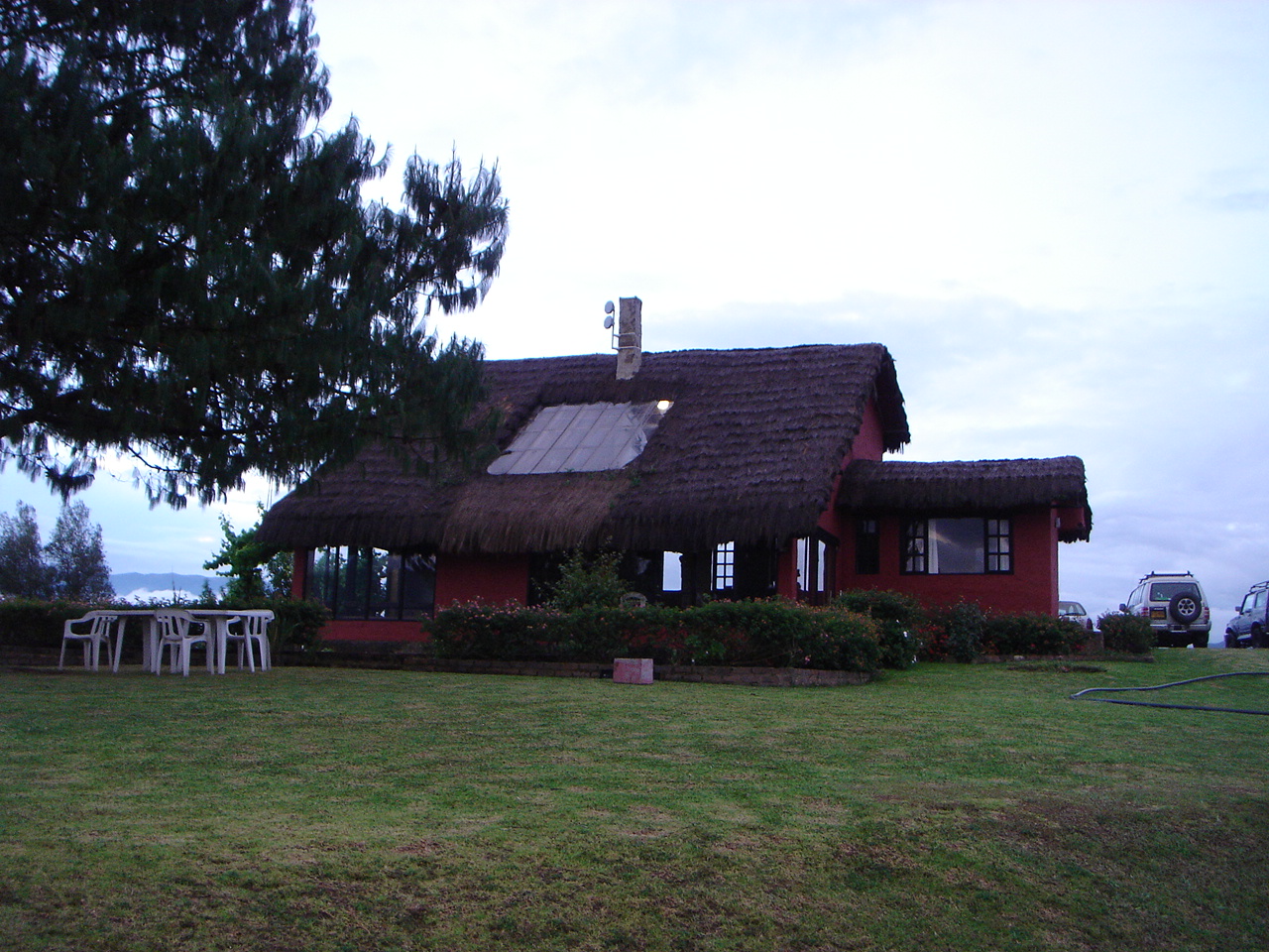 a house with a thatched roof and green lawn