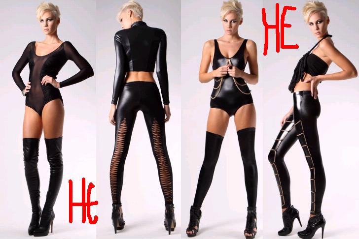 woman in leather look clothing and boots with text over them