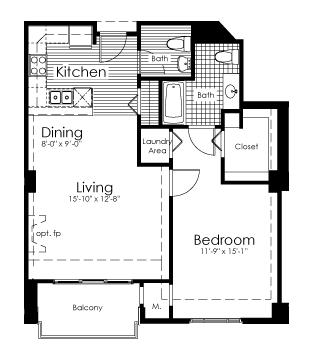 a small, two bedroom apartment with a large bathroom