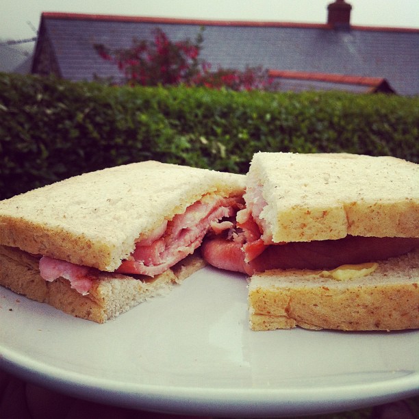 a cut in half sandwich sitting on top of a white plate