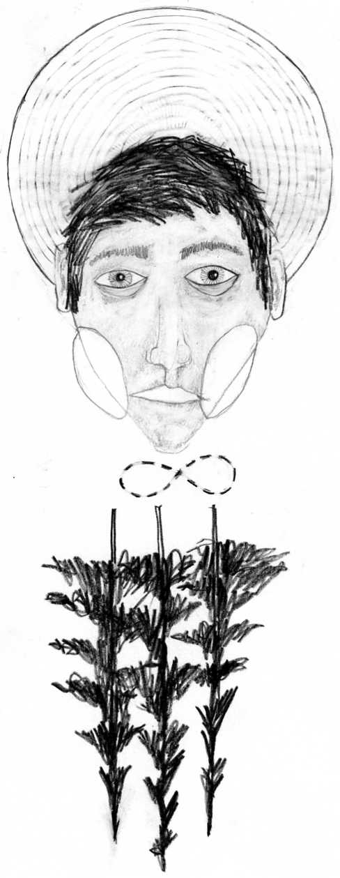 drawing of a boy with a hat and flowers