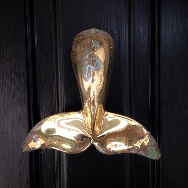 a golden object on a black door