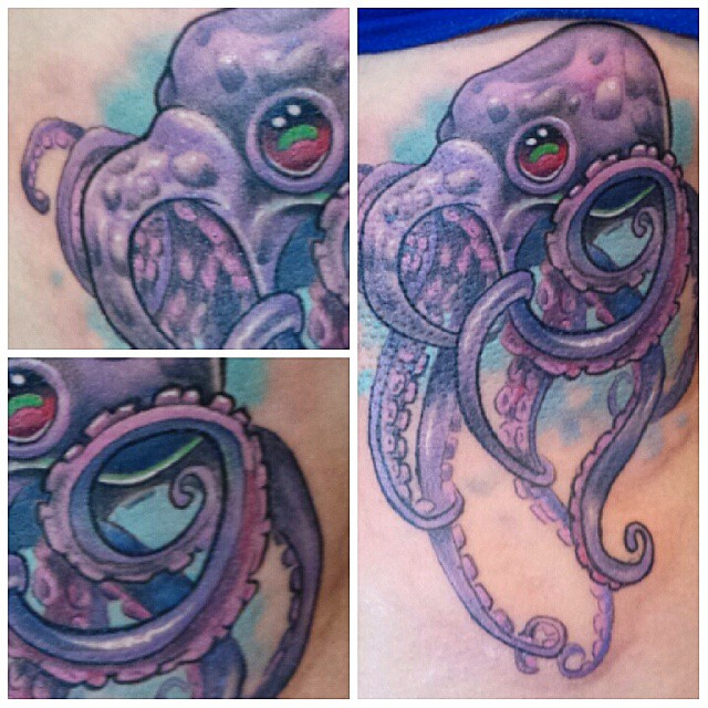 a purple octo tattoo in multiple pictures