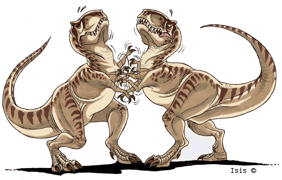 two dinosaurs playing fighting each other