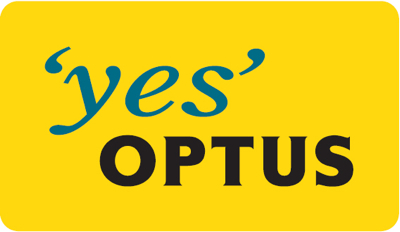 yellow box with the words yes and a picture of the word optus written below it