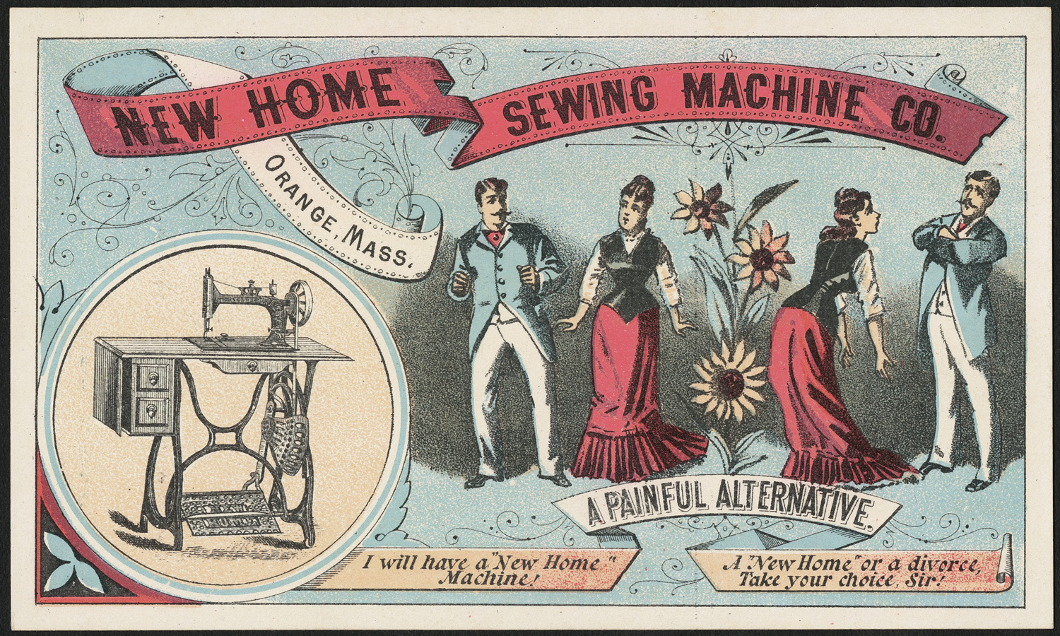 an antique sewing machine advertit with three people