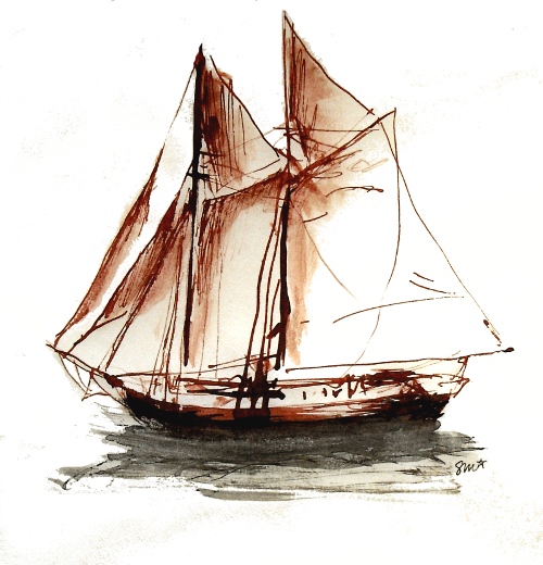 a sailboat painted with an orange stroke on a white background