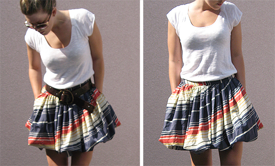two images of a women wearing a skirt