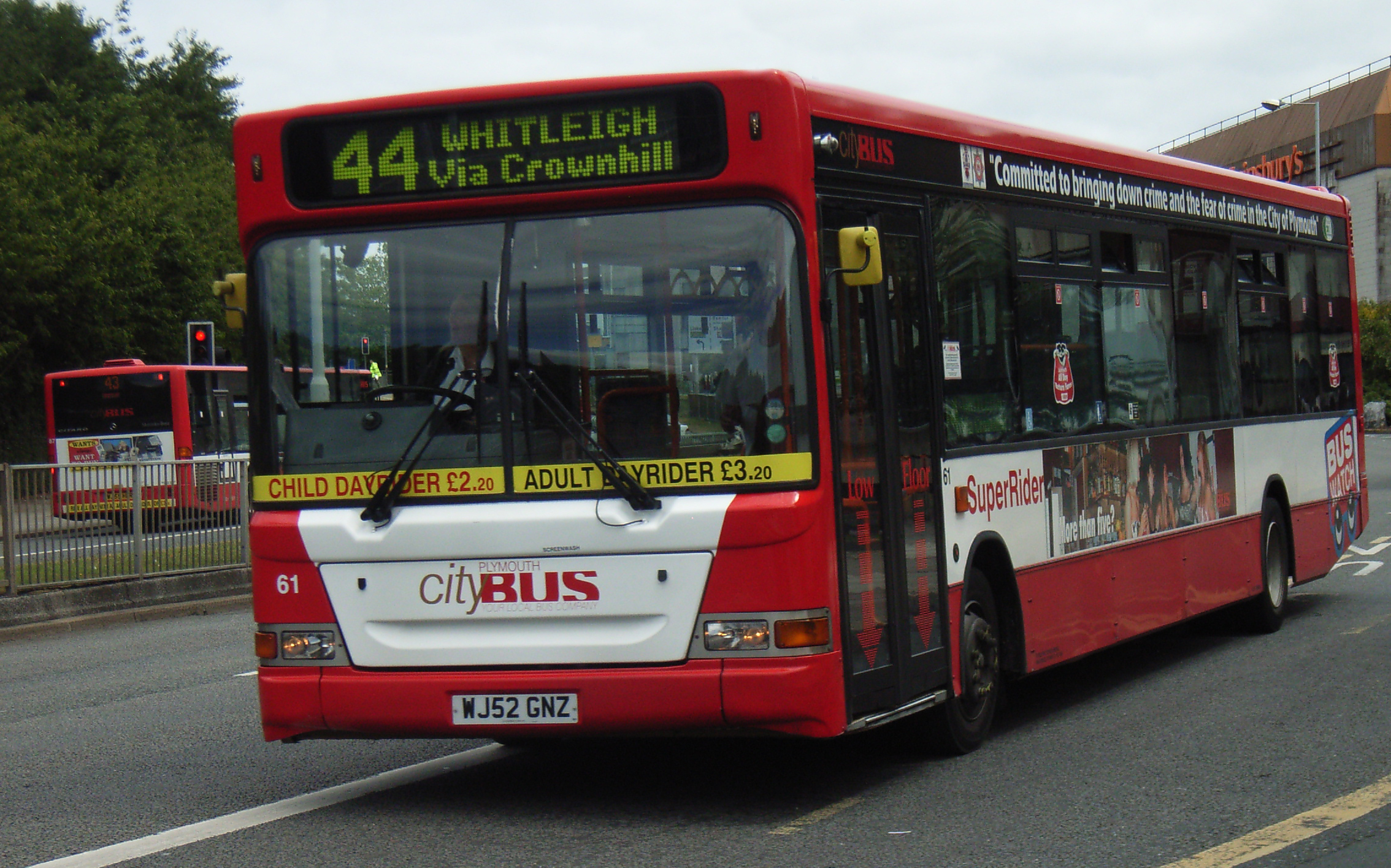 a red and white bus on street next to road