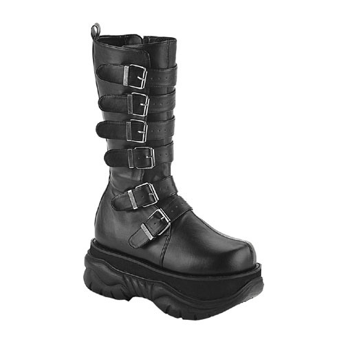 a tall black boot with four buckles