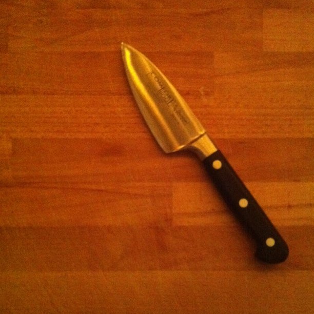 a kitchen knife with a stainless steel handle on a wooden table