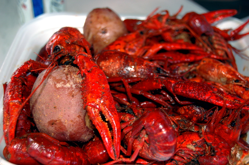 crawfish are gathered in a container beside potatoes and carrots