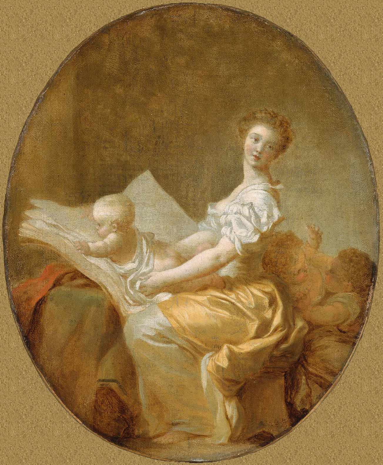 an old painting shows a woman holding a child
