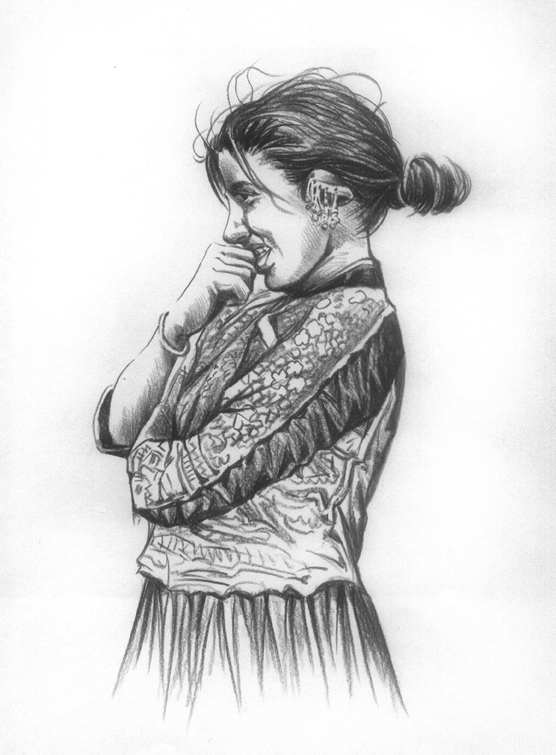 a drawing of a young woman wearing an ornate blouse