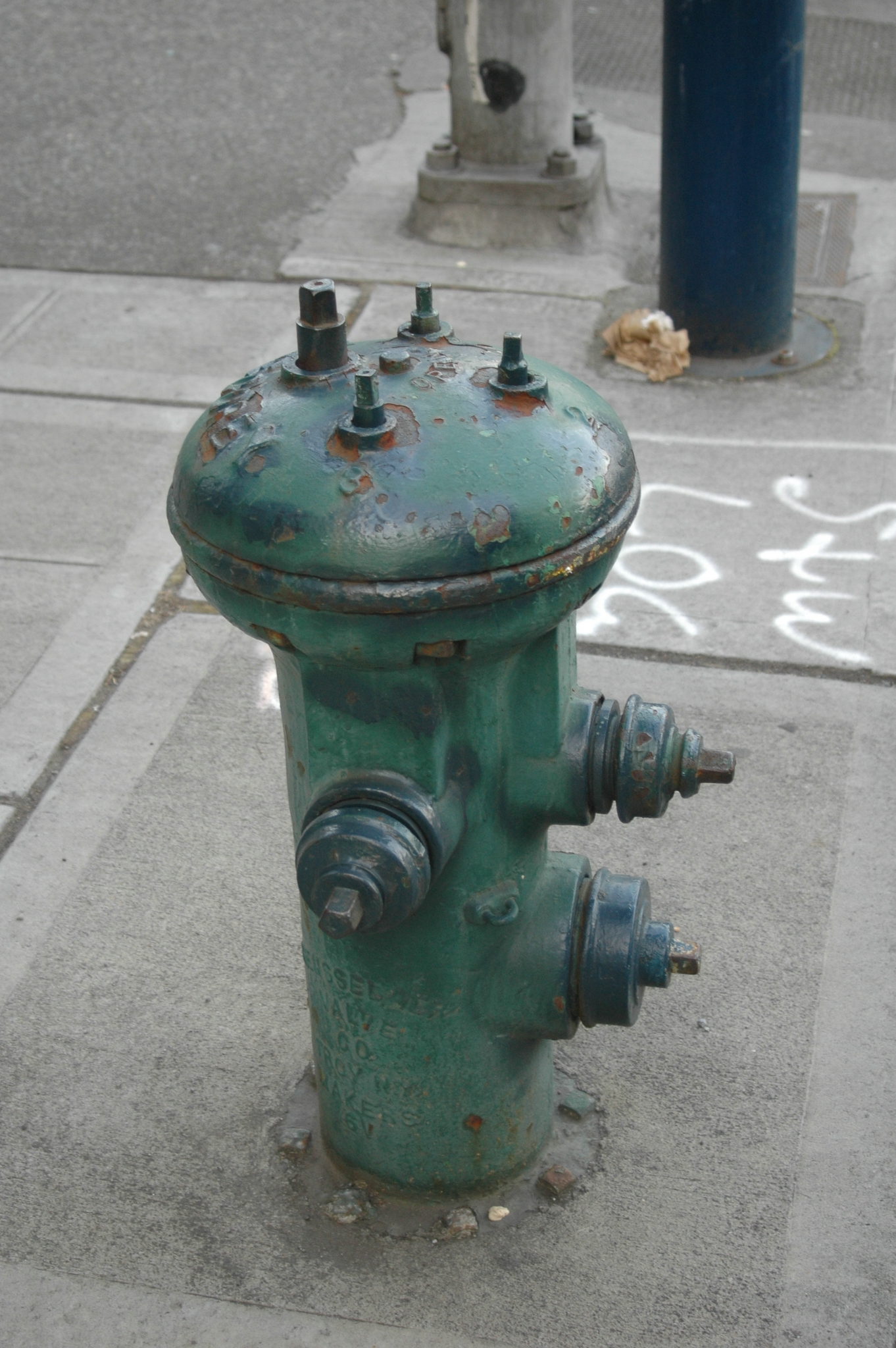 there is a fire hydrant that has been modified and painted green