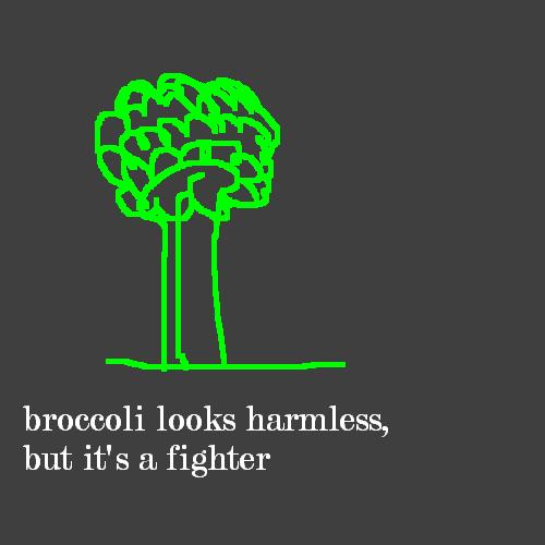 broccoli looks harnessed with words in white and green on a black background