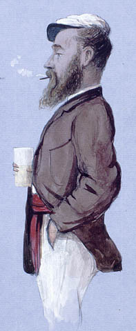 a painting of a man holding a cup with a cigarette in his mouth