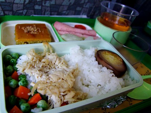 a green tray has rice, meat and other vegetables