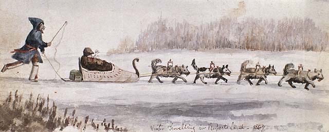 an artist shows a man pulling an old style sled and people riding on horses through the snow