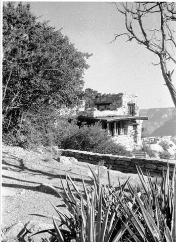an old building surrounded by vegetation in black and white