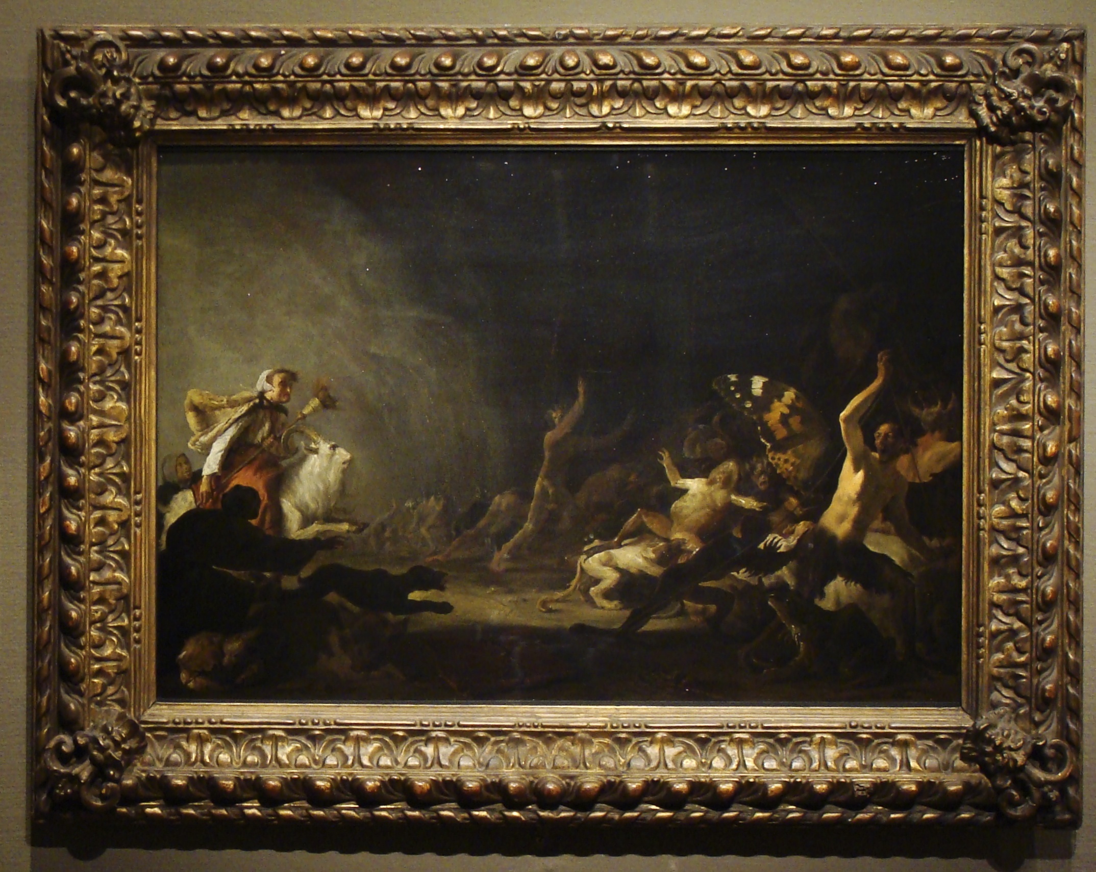 a painting depicting a group of people in a dark room