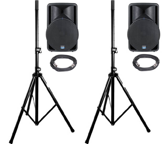 three loud speaker stands and two sub sound speakers