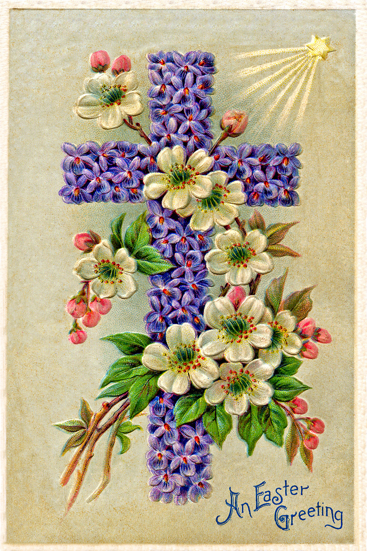 a cross decorated with flowers and angels